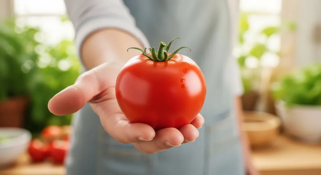 Tomate fresco y saludable listo para ser utilizado en la cocina, invitando a incorporarlo en la dieta diaria.
