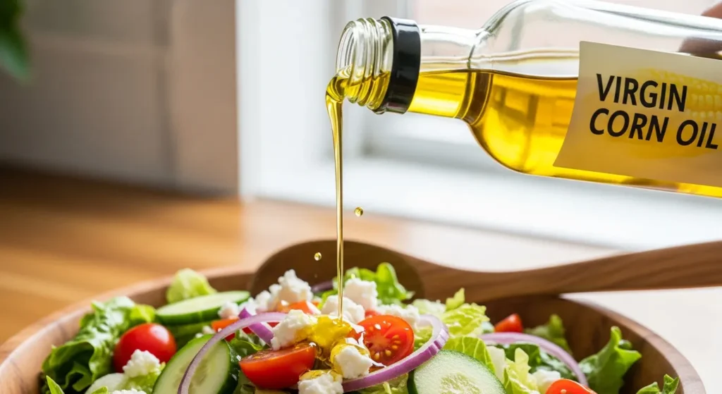 Aceite de maíz saludable para cocinar, rico en vitamina E y perfecto para aderezar ensaladas.