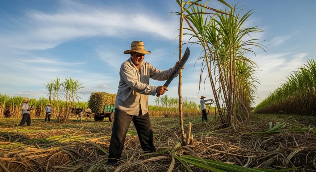 Campesino centroamericano cosechando caña de azúcar de forma tradicional