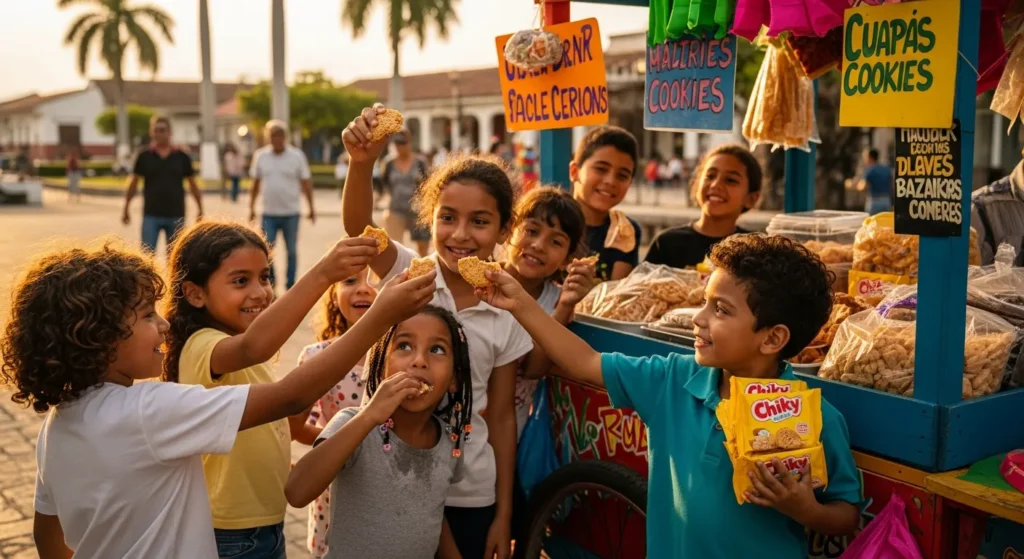 Niños disfrutando Galletas Chiky en una merienda centroamericana
