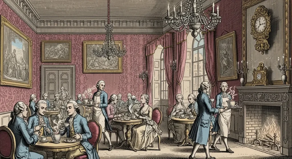 Casa de chocolate europea del siglo XVIII, historia de la expansión del cacao en la aristocracia.