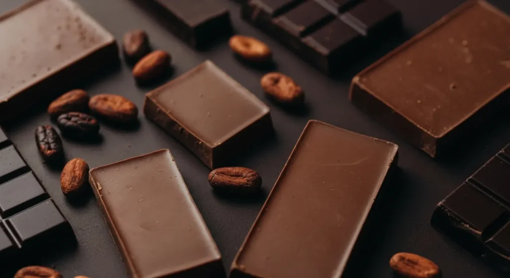 Tabletas de chocolate artesanal bean-to-bar y granos de cacao, representando la calidad y origen en la era moderna.