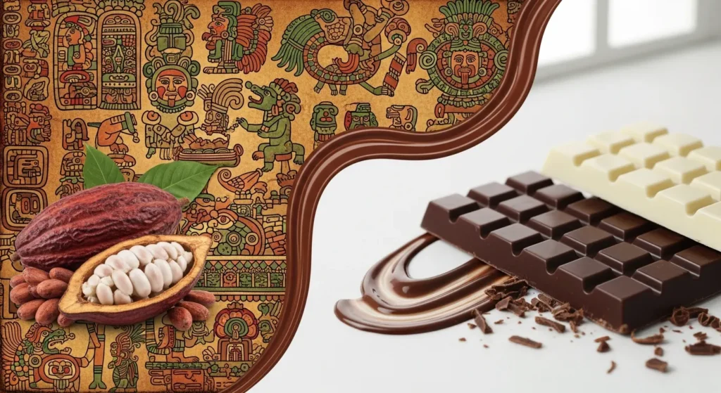 Historia del chocolate desde sus orígenes con el cacao hasta la tableta moderna, mostrando su evolución cultural.